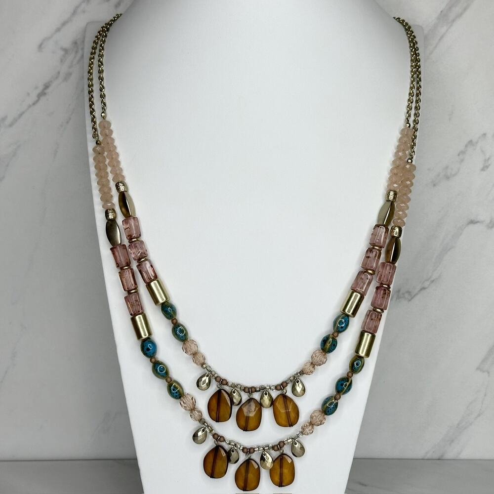 Chicos Beaded Boho Multi Strand Mixed Bead Necklace Statement ✨